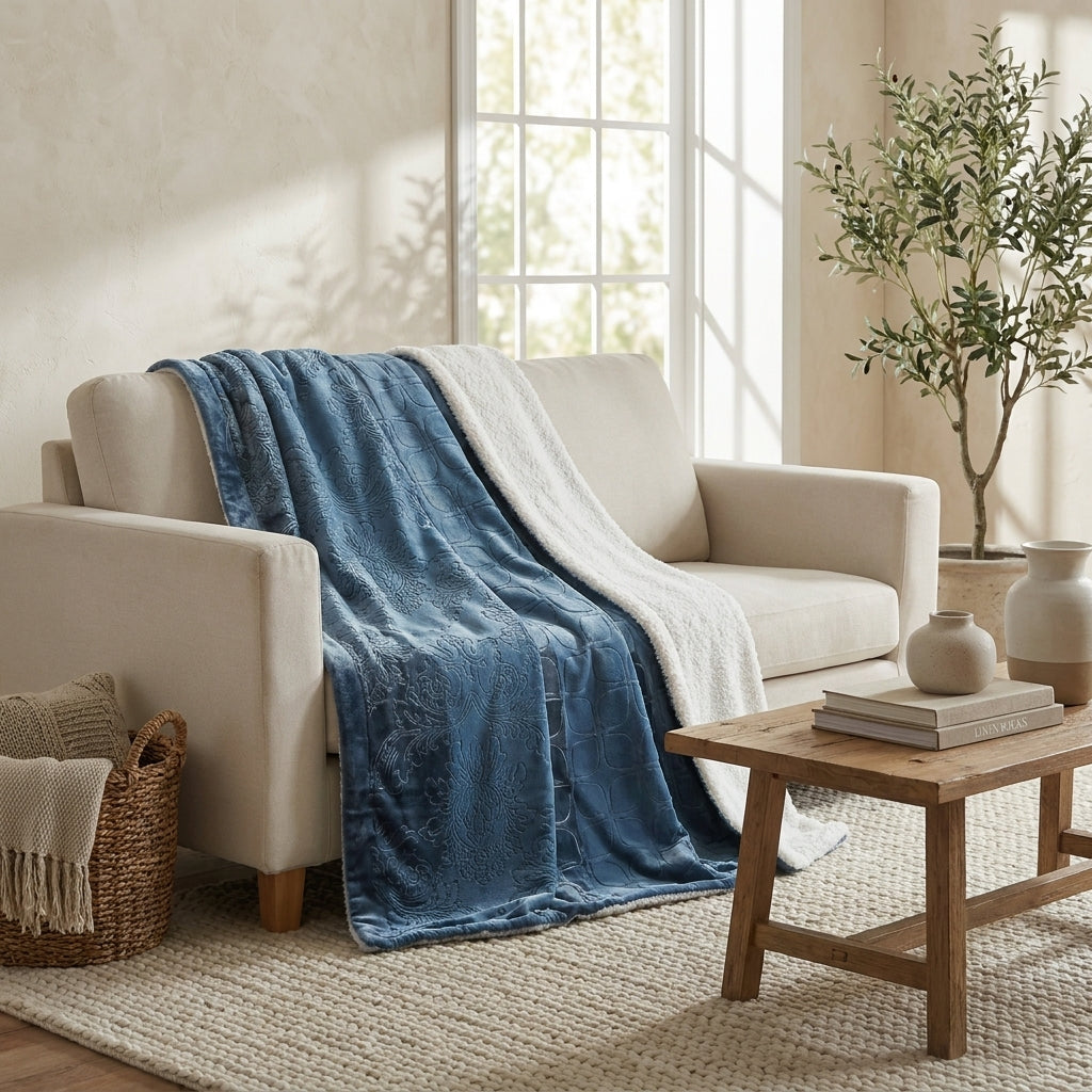 Rainy Day Grey Blue Embossed Sherpa Throw Blanket