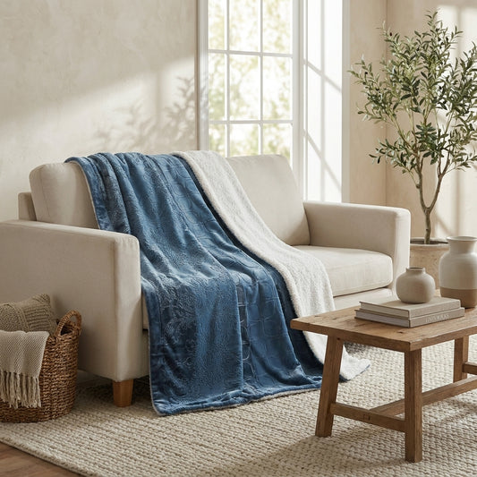 Rainy Day Grey Blue Embossed Sherpa Throw Blanket