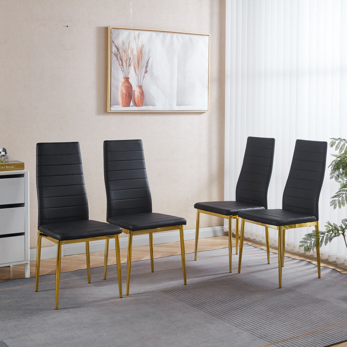 Elegant Legs Dining Chair Set of 4 with Metal Frame and Faux Leather Seat - Black or White