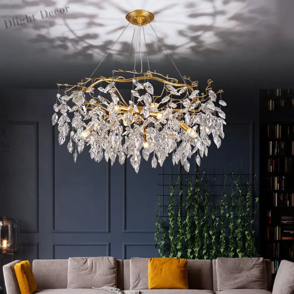 Elegant Long Gold K9 Crystal Chandelier - Ideal for Kitchen, Dining Room, Bedroom, and Living Room Ceiling Lighting, Featuring Branch-Style Chandeliers