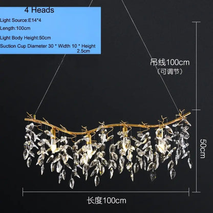 Elegant Long Gold K9 Crystal Chandelier - Ideal for Kitchen, Dining Room, Bedroom, and Living Room Ceiling Lighting, Featuring Branch-Style Chandeliers