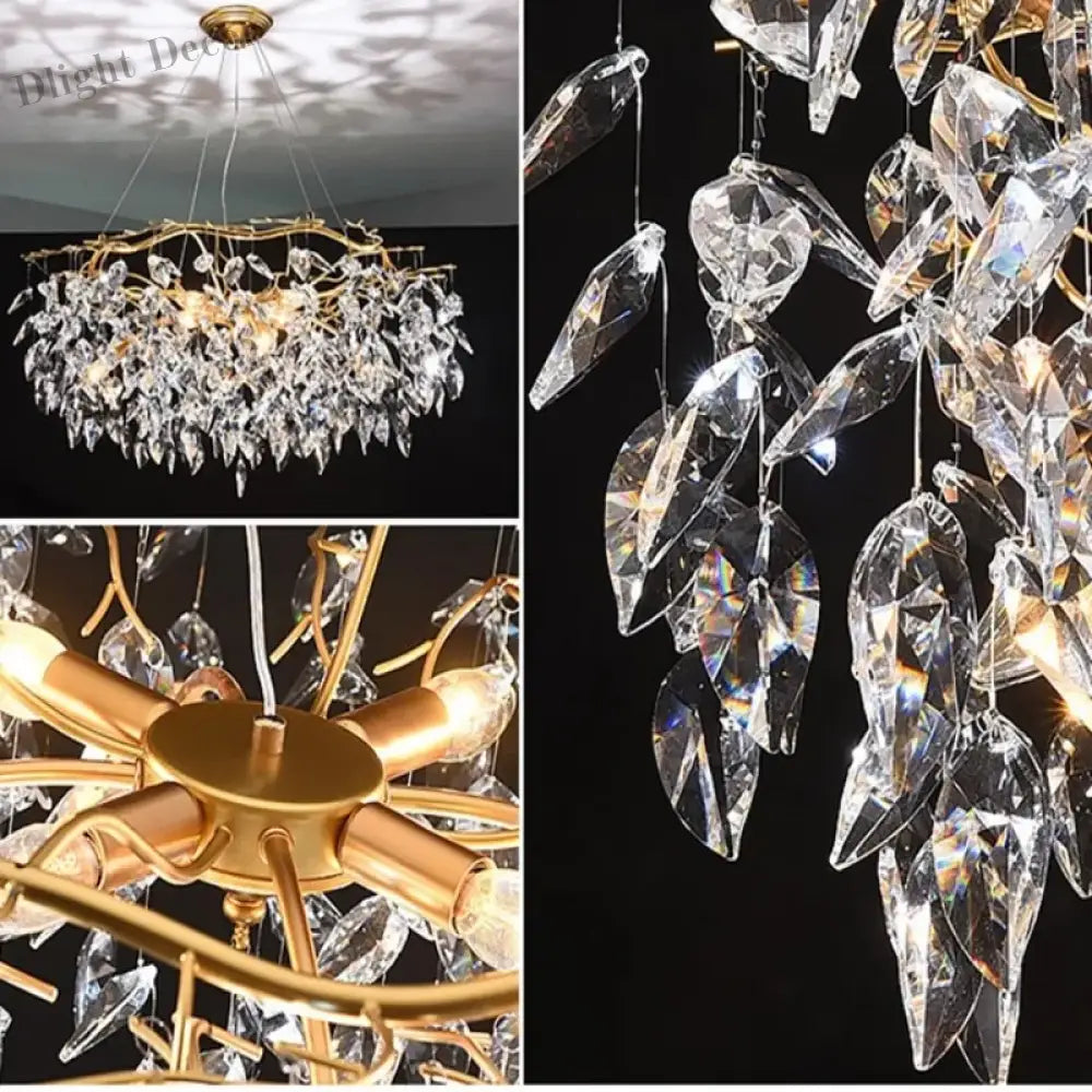 Elegant Long Gold K9 Crystal Chandelier - Ideal for Kitchen, Dining Room, Bedroom, and Living Room Ceiling Lighting, Featuring Branch-Style Chandeliers