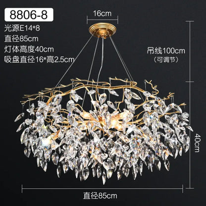 Elegant Long Gold K9 Crystal Chandelier - Ideal for Kitchen, Dining Room, Bedroom, and Living Room Ceiling Lighting, Featuring Branch-Style Chandeliers