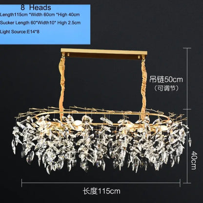 Elegant Long Gold K9 Crystal Chandelier - Ideal for Kitchen, Dining Room, Bedroom, and Living Room Ceiling Lighting, Featuring Branch-Style Chandeliers