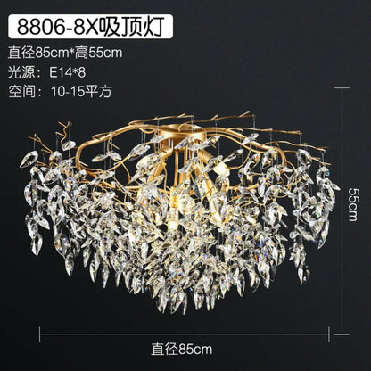 Elegant Long Gold K9 Crystal Chandelier - Ideal for Kitchen, Dining Room, Bedroom, and Living Room Ceiling Lighting, Featuring Branch-Style Chandeliers