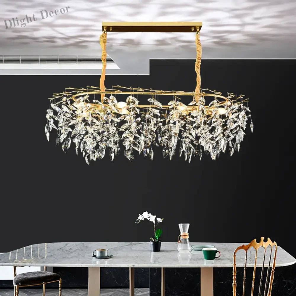Elegant Long Gold K9 Crystal Chandelier - Ideal for Kitchen, Dining Room, Bedroom, and Living Room Ceiling Lighting, Featuring Branch-Style Chandeliers