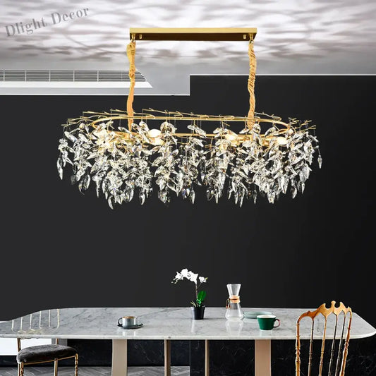 Elegant Long Gold K9 Crystal Chandelier - Ideal for Kitchen, Dining Room, Bedroom, and Living Room Ceiling Lighting, Featuring Branch-Style Chandeliers