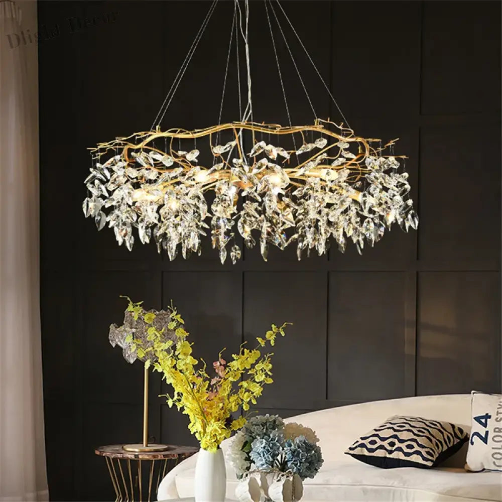 Elegant Long Gold K9 Crystal Chandelier - Ideal for Kitchen, Dining Room, Bedroom, and Living Room Ceiling Lighting, Featuring Branch-Style Chandeliers