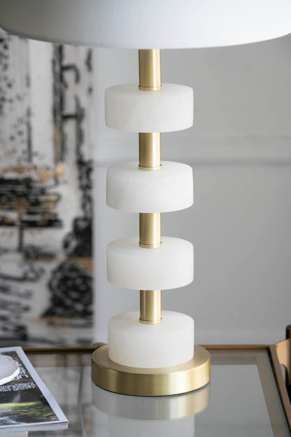 Marble Table Lamp with Brass Frame and White Fabric Shade - White + Gold