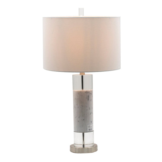Sculpted Marble & Crystal Cylinder Table Lamp with White Drum Shade - White
