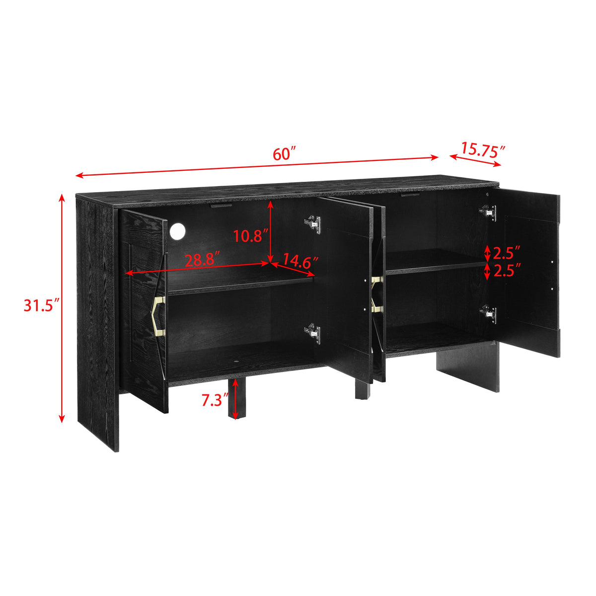 60" Mid Century Modern Sideboard Buffet Cabinet with Fluted Diamond Design - Black