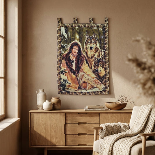 Cotton Blend Tapestry Wall Hanging, Wolves & Woman Motif