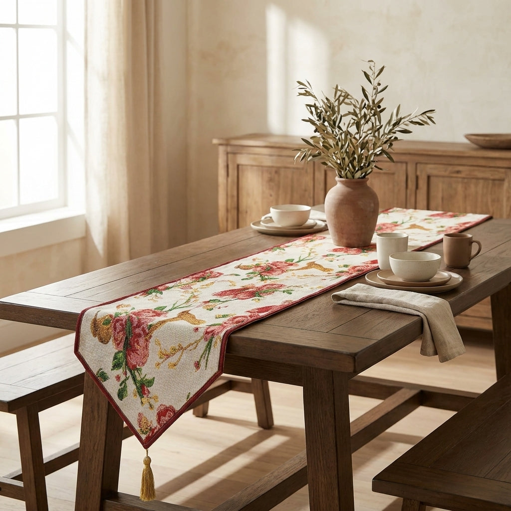 Tache Floral Red Roses Hummingbirds Ivory Woven Tapestry Table Runner (18109)