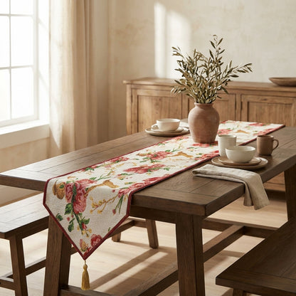 Tache Floral Red Roses Hummingbirds Ivory Woven Tapestry Table Runner (18109)