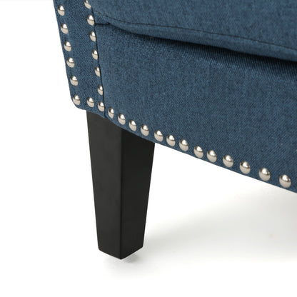 Elegant Navy Blue Fabric Club Chair with Nailhead Trim and Birch Wood Legs