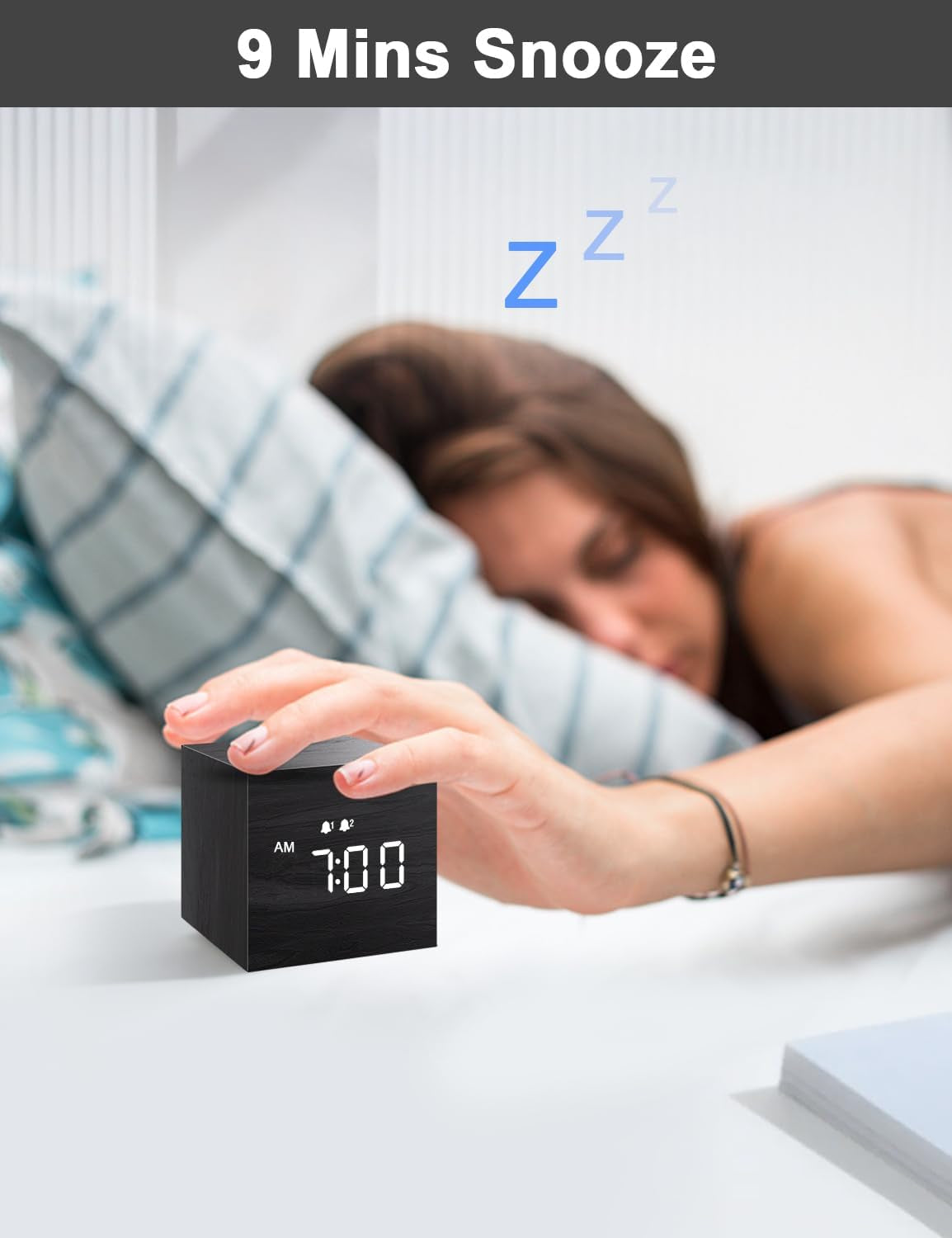 Digital Alarm Clock with Dual Alarm - Wooden Electronic LED Display, 2.5-Inch Mini Cube, USB Powered for Bedroom and Desk, Black