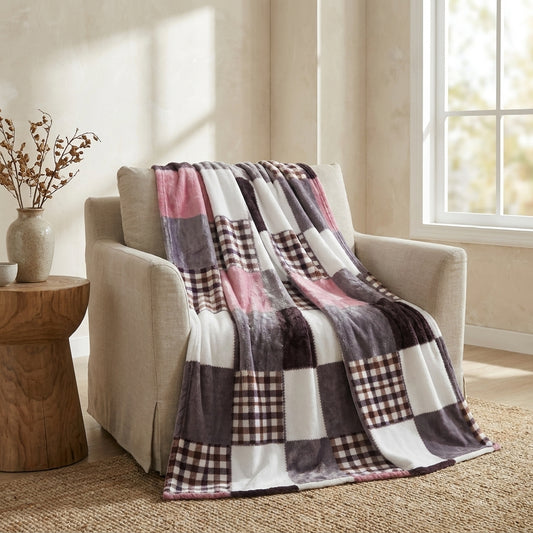 Polyester Fleece Patchwork Throw Blanket, Autumnal Palette
