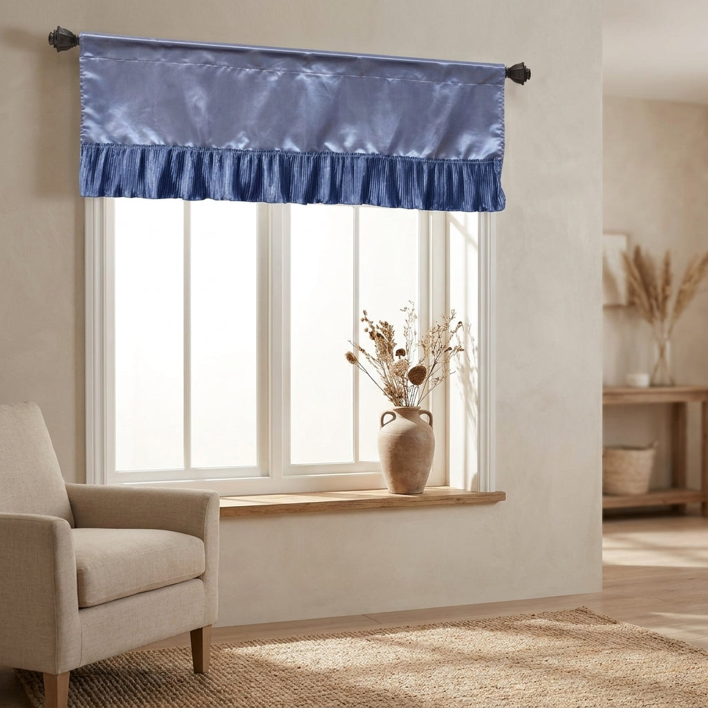 Blue Satin Ruffle Window Valance, Tailored, 18 x 52 Inches