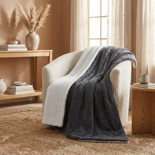 Faux Fur Diamond Trellis Throw Blanket, Navy Blue