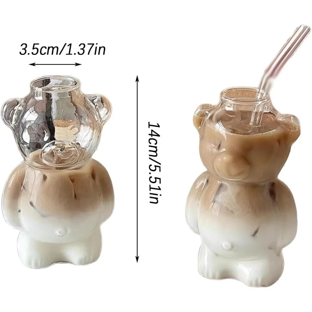 320ML Cute Bear-Shaped Glass Coffee Mug with Straw - Transparent Drinkware for Coffee, Tea, Milk, and More - Ideal Gift for All Occasions