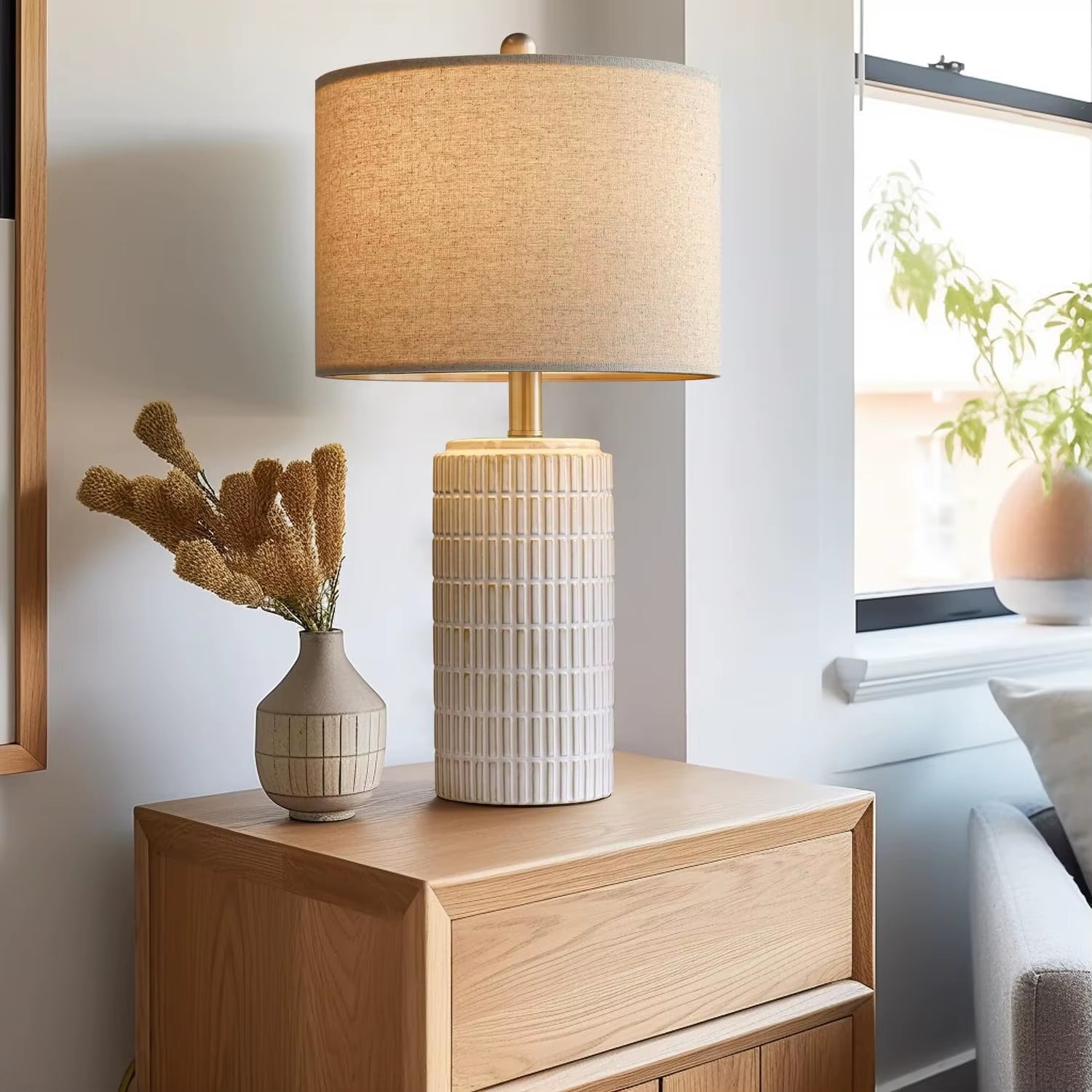 Modern Ceramic Table Lamp Set of 2 – 23” Beige-White Lamps with Glossy Finish, Perfect for Bedroom, Living Room, Nightstand & Desk Décor