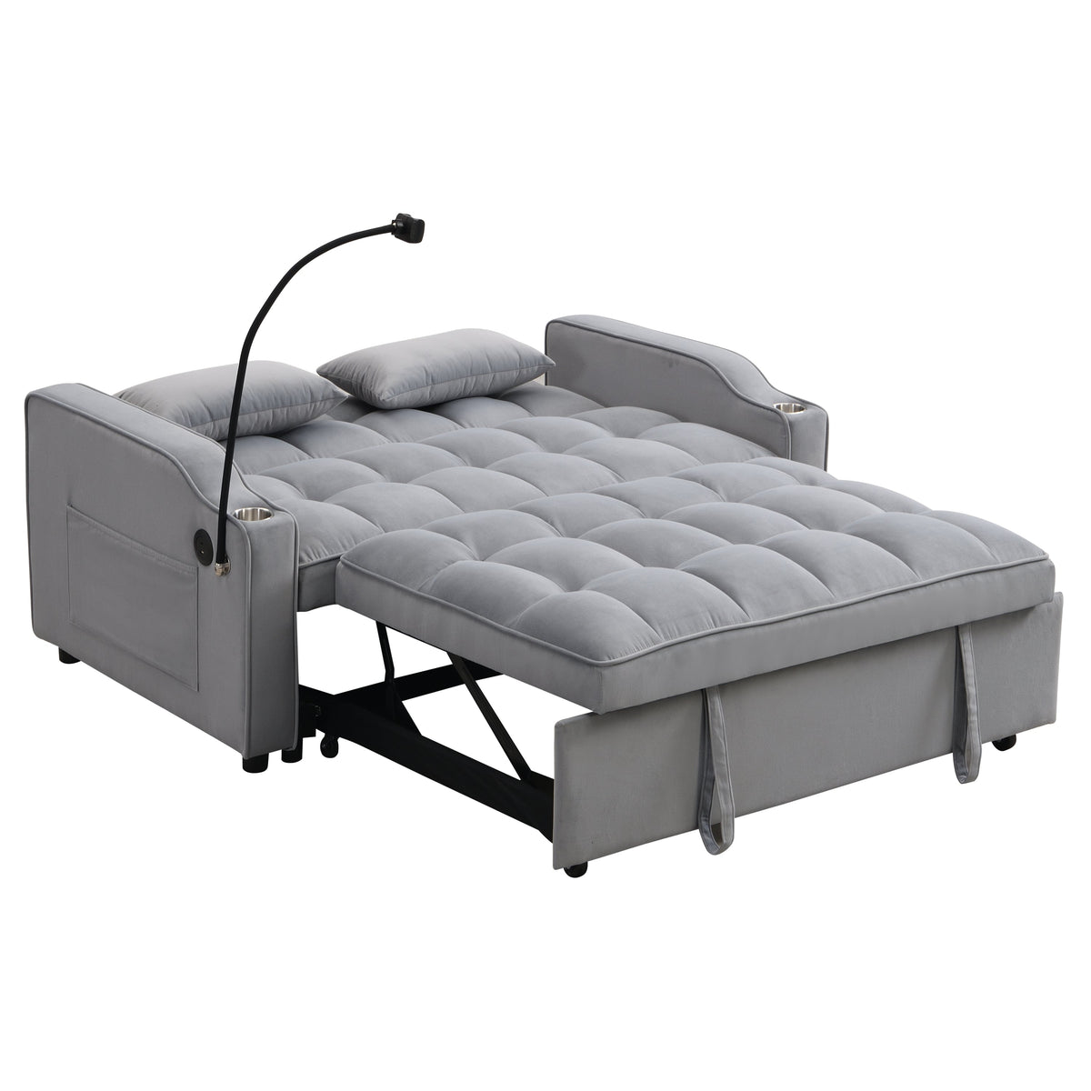 Modern Velvet Sleeper Loveseat with Pullout Bed and USB Ports - Light Gray