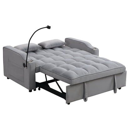 Modern Velvet Sleeper Loveseat with Pullout Bed and USB Ports - Light Gray