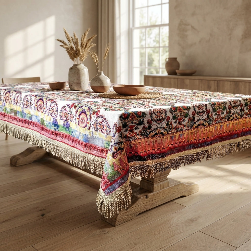 Tache Elegant Ivory Colorful Ornate Paisley Woven Tapestry Tablecloth (18193)