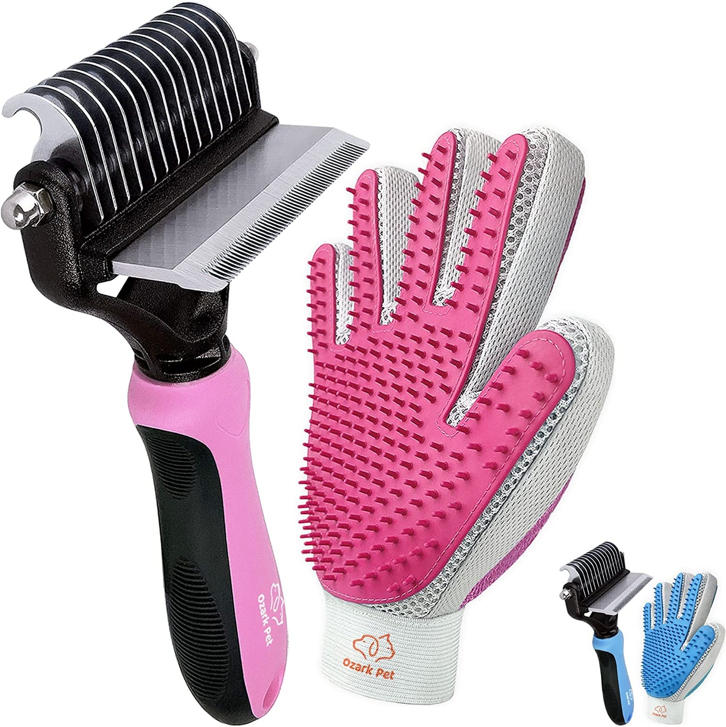 Ozark Pet Grooming Kit - Dog and Cat Brush Set with Deshedding, Dematting Tools, and Shedding Glove, Pink, Small