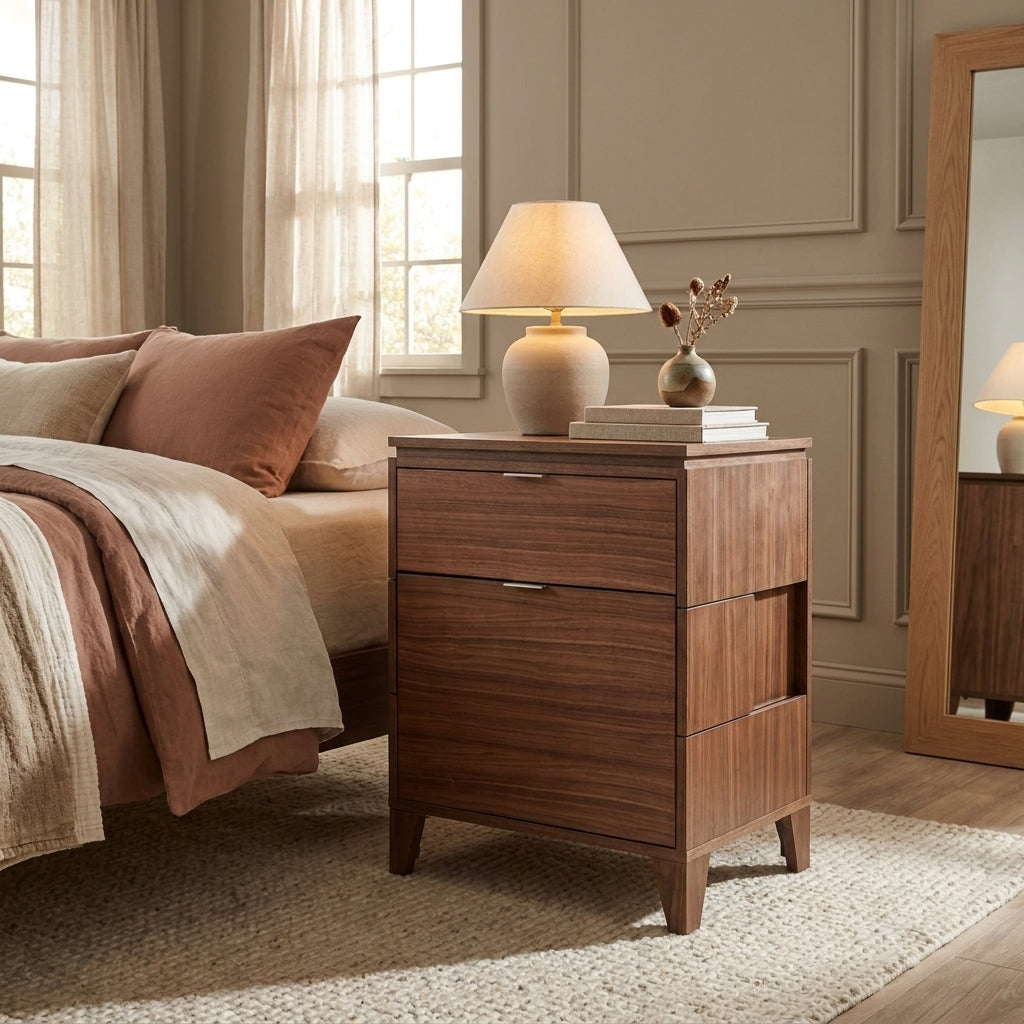 Walnut Laminate Nightstand with Integrated Storage