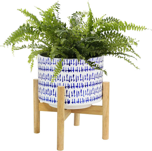 Blue Planter with Stand - 7.3 Inch Retro round Decorative Flower Pot Indoor with Wood Planter Holder, Blue and White, Home Decor Gift
