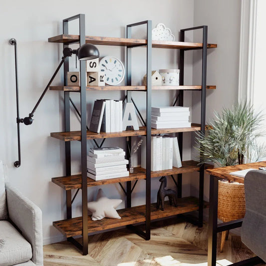 Wynot 70” H x 53.1” W Industrial 5-Tier Steel and Wood Bookcase – Double Wide Storage for Home & Office