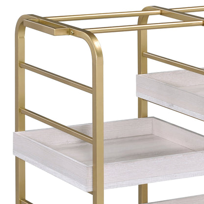 Gold & White Washed Finish Serving Cart with Removable Wooden Trays