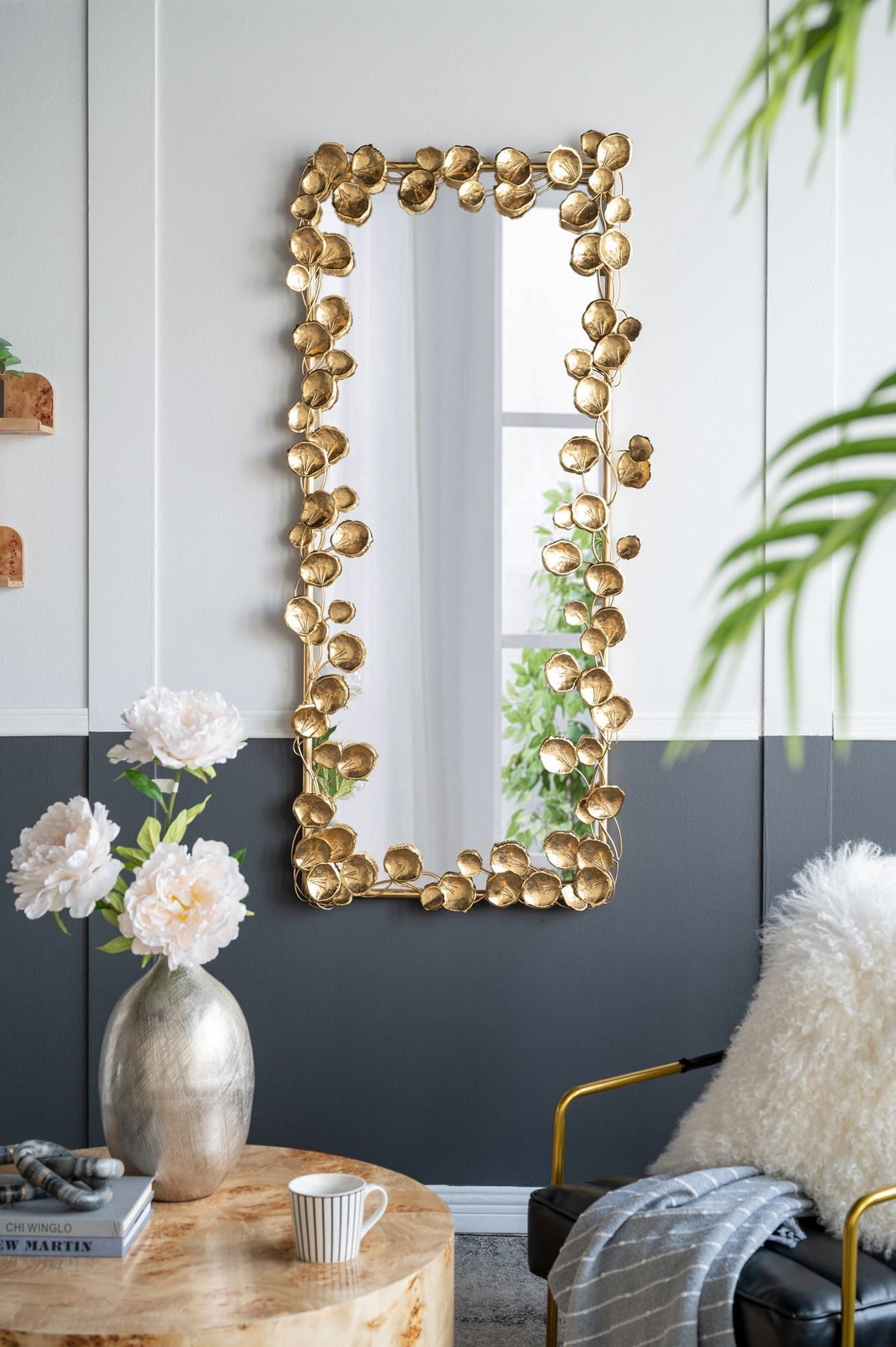 Full Length Floor Mirror with Gold Leaf Accents - Gold