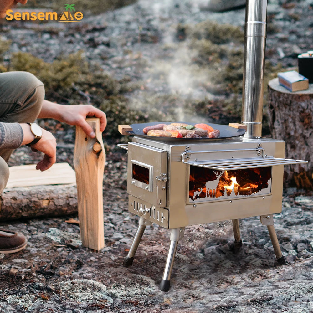 Large Portable Fire Wood Stove with Window Pipe, Outdoor Tent Heater for Camping, Ice-Fishing, BBQ, Smokeless Fire Pit with Customizable Logo