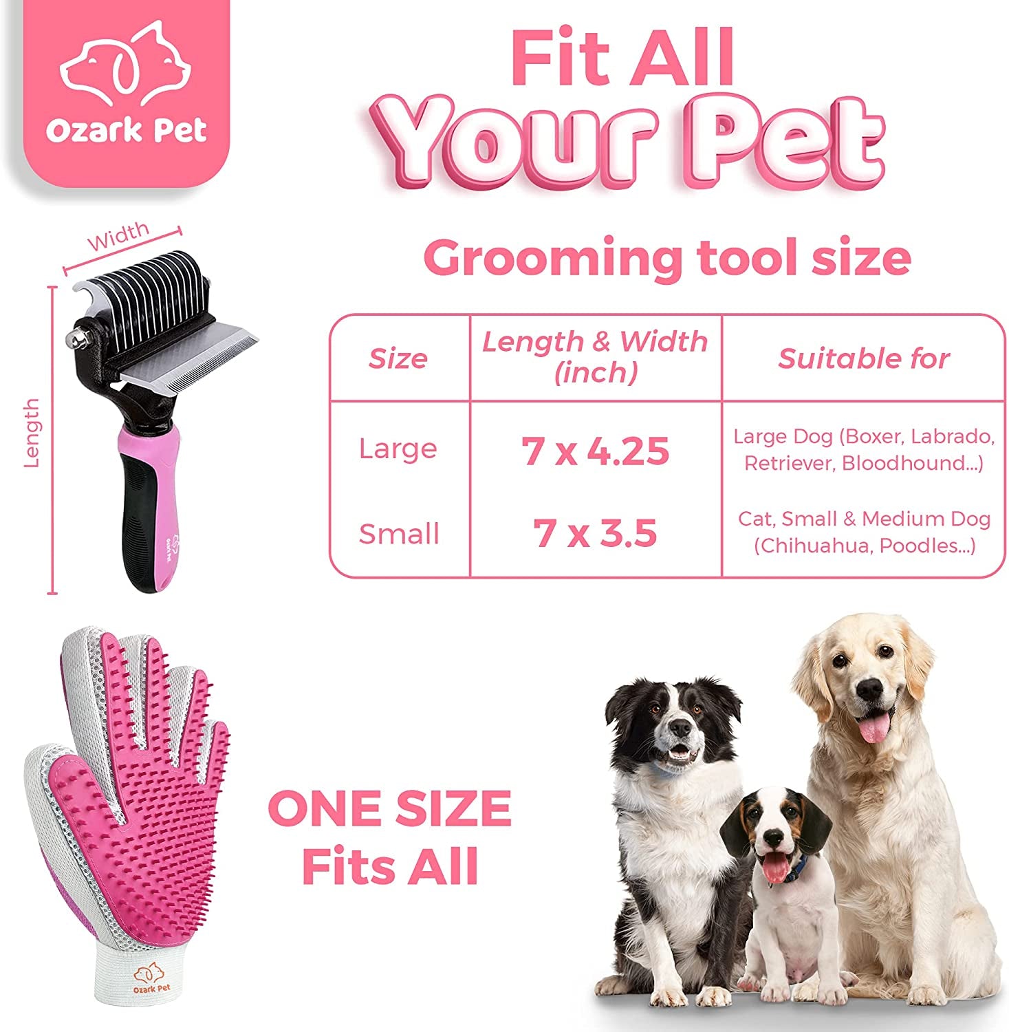 Ozark Pet Grooming Kit - Dog and Cat Brush Set with Deshedding, Dematting Tools, and Shedding Glove, Pink, Small