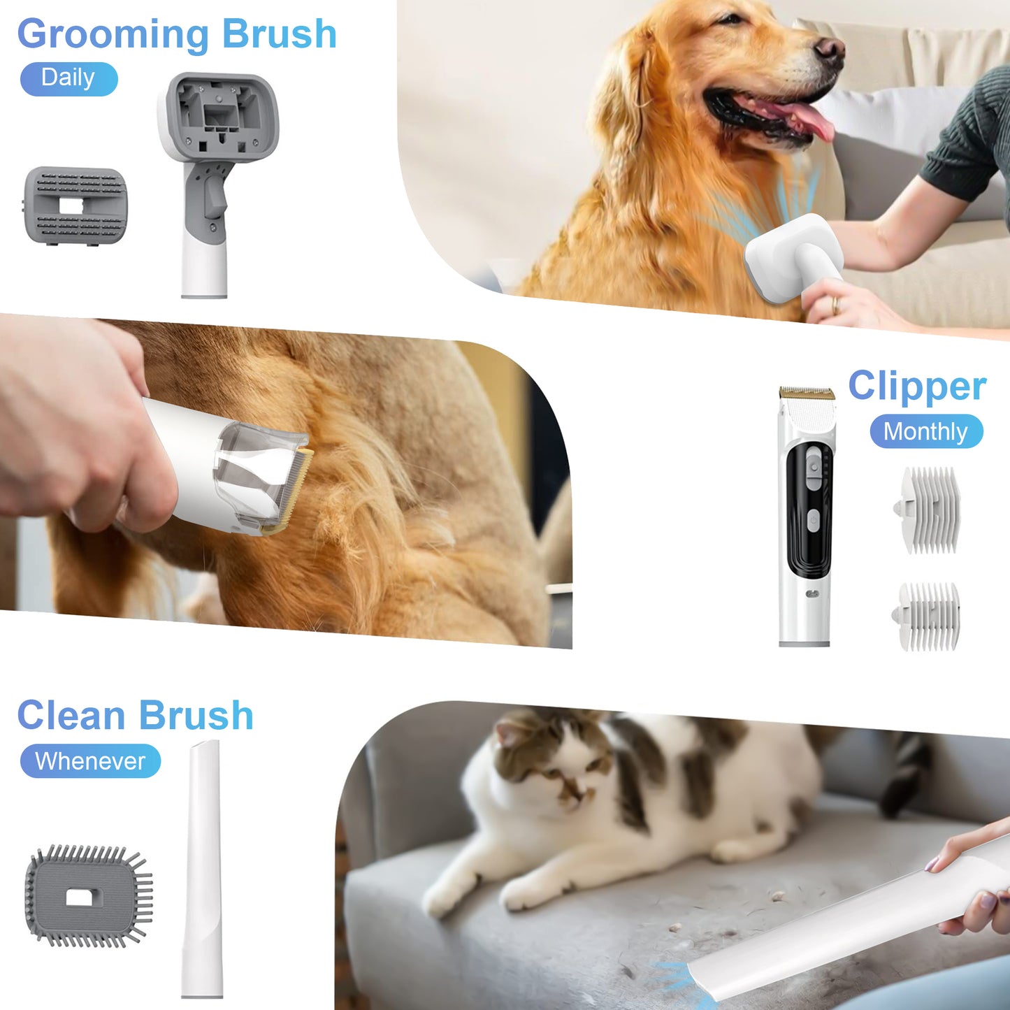 Mrdoggy 14KPa Dog Grooming Vacuum Kit - 2.5L Pet Hair Suction, 3 Modes, Low Noise, with 5 Grooming Tools, White