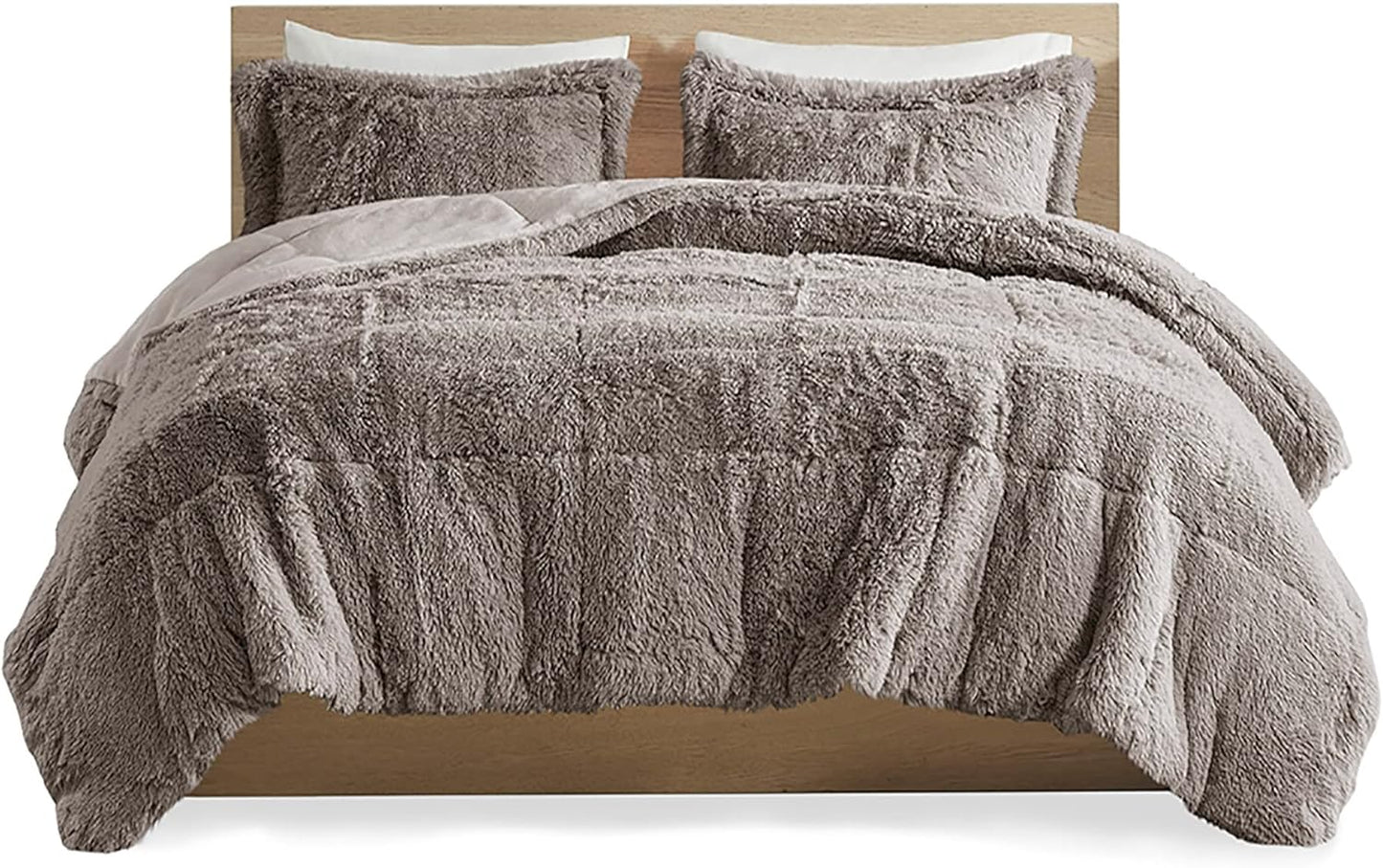 Malea Shaggy Comforter Set, Long Faux Fur Cozy down Alternative, Modern Casual Ultra Soft All Season Fluffy Bedding with Matching Sham, King/Cal King, Grey 3 Piece