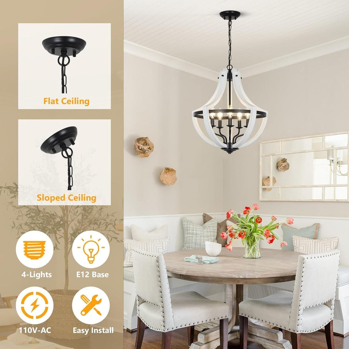 5-Light Farmhouse Chandelier with Dual-Mount Design - White