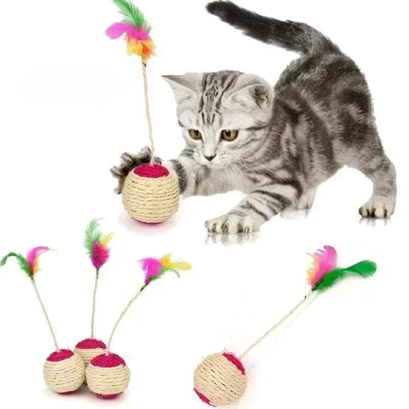 Sisal Scratching Ball with Feather - Interactive Cat Toy for Kitten Training and Play, 6.5cm Diameter