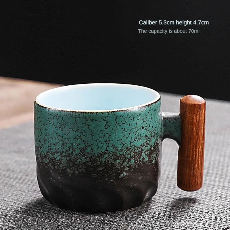 Handmade Vintage Ceramic Coffee Cup with Wooden Handle - Exquisite Pottery Mug for Home, Dining, and Bar