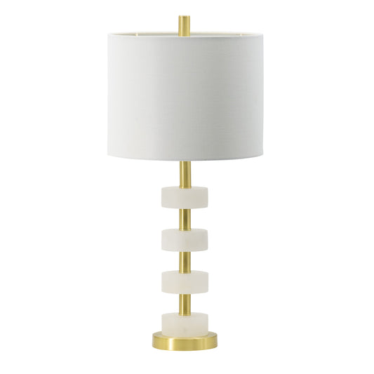 Marble Table Lamp with Brass Frame and White Fabric Drum Shade