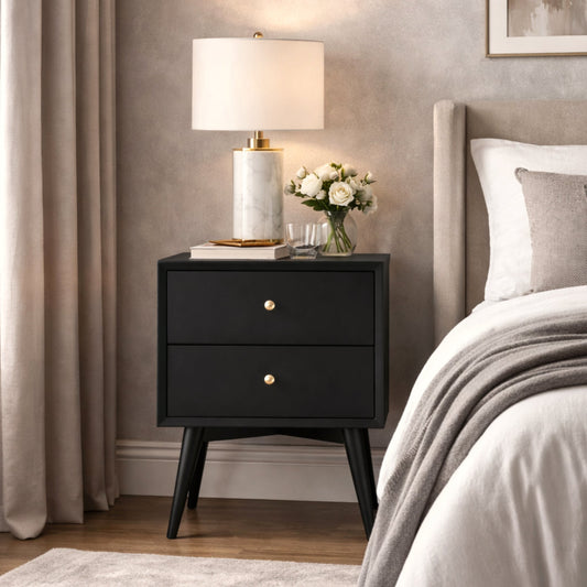 Solid Mahogany Flynn Nightstand with Two Drawers, Black Finish