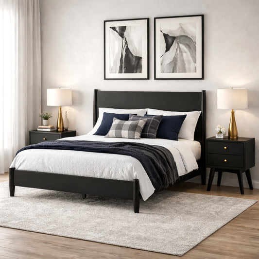 Black Panel Bed with Sculpted Slat Headboard, Flynn