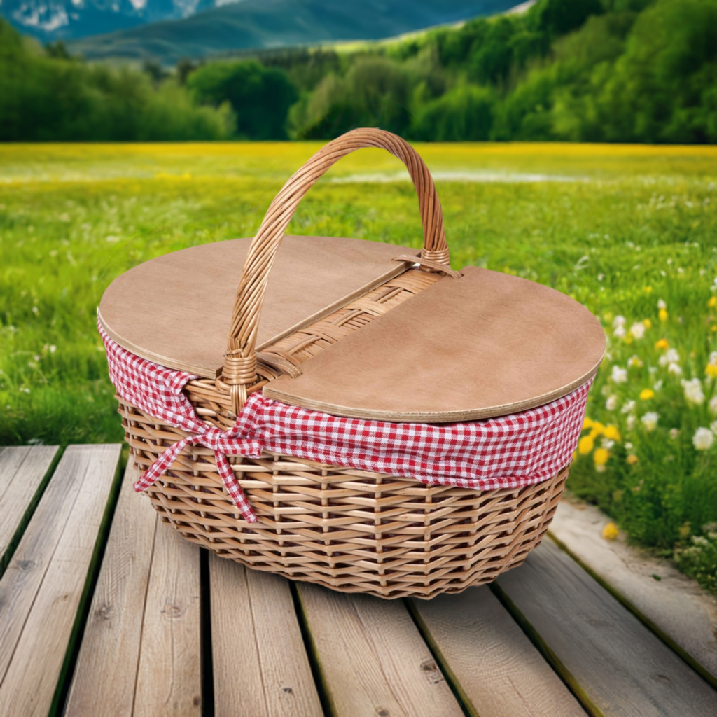 - Country Vintage Picnic Basket with Lid - Wicker Picnic Basket for 2, (Red & White Gingham Pattern)