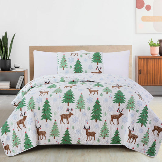 Microfiber Holiday Quilt Set with Deer and Tree Motifs