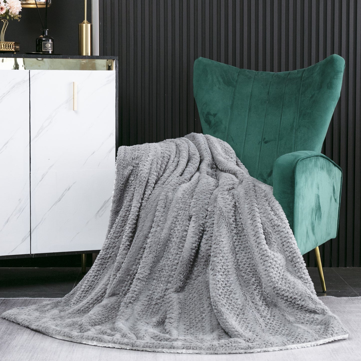 Tache Dark Grey Faux Fur Throw Blanket Bubble Textured Striped Embossed (#11)