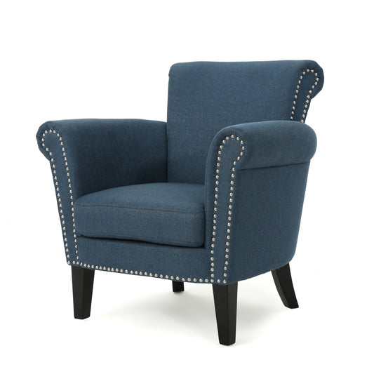 Navy Blue Fabric Club Chair with Nailhead Trim and Birch Wood Legs