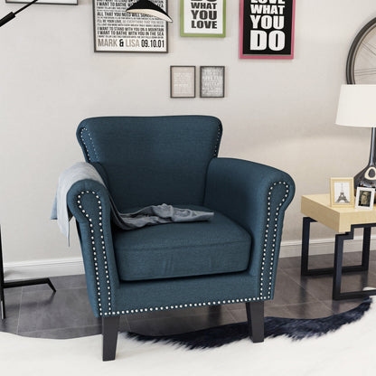 Navy Blue Fabric Club Chair with Nailhead Trim and Birch Wood Legs