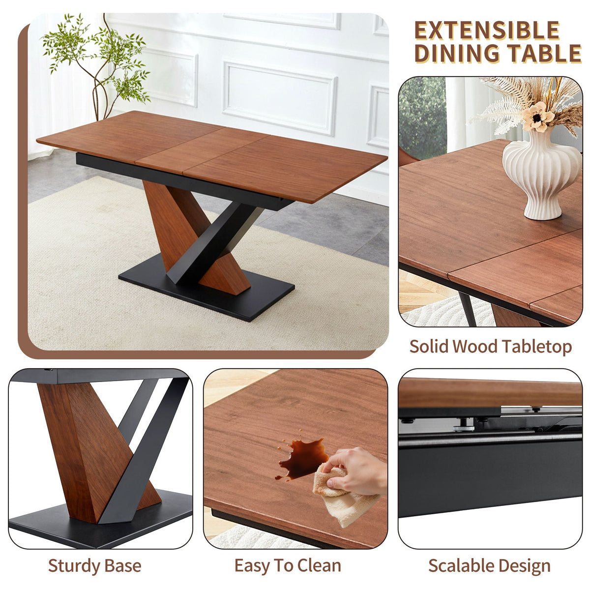 Dark Walnut Dining Table with Cross Geometric Legs - Scratch Resistant